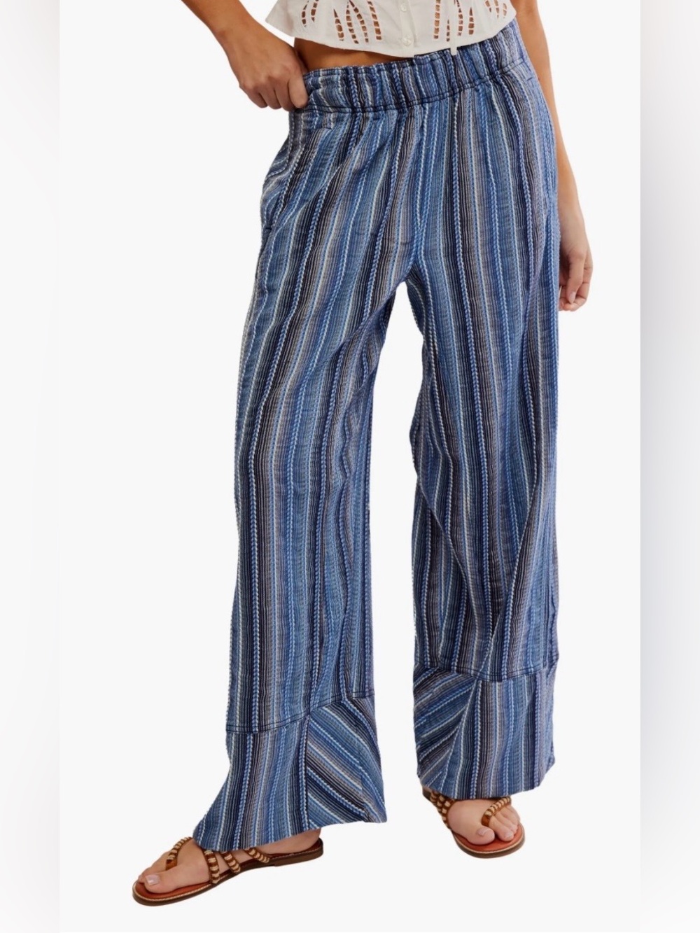Free People Days End Blue Striped Wide-Leg Lounge Pants medium